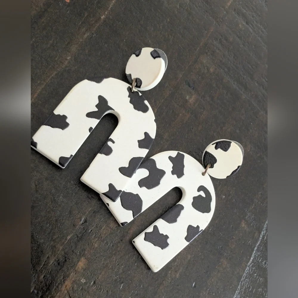 Western Cow Print Black and White Arch Earrings